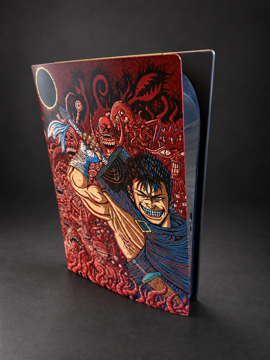 Intricate hand-painted crimson, blue and gold artwork on Stereojet’s Eclipse PlayStation 5